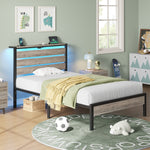 Greenstell Platform Bed Frame with Storage Headboard, LED Lights & USB Charging Station, Metal Bed Frame