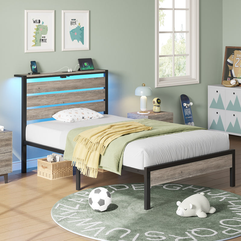 Greenstell Platform Bed Frame with Storage Headboard, LED Lights & USB Charging Station, Metal Bed Frame