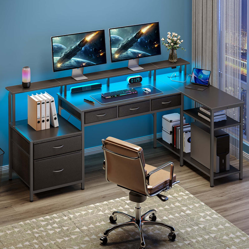 Greenstell 64" Computer LED Gaming PC Desk, L-Shaped Computer Desk with Outlets & Monitor Stand, Home Office Desk with Storage Drawers