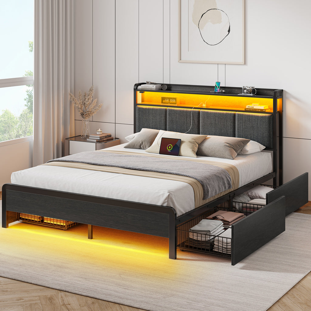 Greenstell Bed with Headboard and Charging Station, Upholstered bed with 4 Drawers and RGB LED Lights
