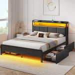 Greenstell Bed with Headboard and Charging Station, Upholstered bed with 4 Drawers and RGB LED Lights
