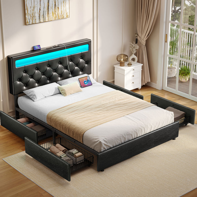 Greenstell Bed Frame with 4 Drawers, Upholstered Platform Bed with LED Adjustable Storage headboard & Charging Station