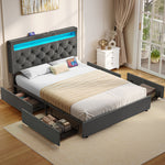 Greenstell Bed Frame with 4 Drawers, Upholstered Platform Bed with LED Adjustable Storage headboard & Charging Station
