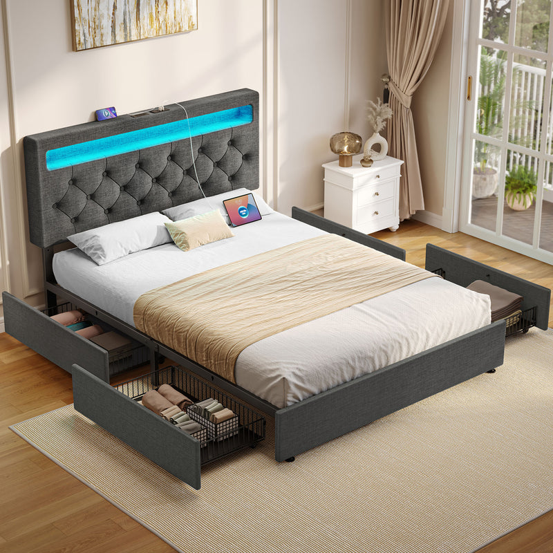 Greenstell Bed Frame with 4 Drawers, Upholstered Platform Bed with LED Adjustable Storage headboard & Charging Station
