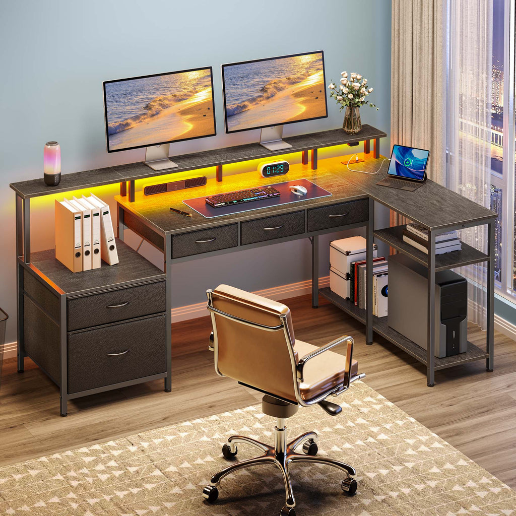 Greenstell 64" Computer LED Gaming PC Desk, L-Shaped Computer Desk with Outlets & Monitor Stand, Home Office Desk with Storage Drawers