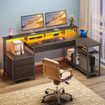 Greenstell 64" Computer LED Gaming PC Desk, L-Shaped Computer Desk with Outlets & Monitor Stand, Home Office Desk with Storage Drawers