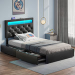 Greenstell Bed Frame with 4 Drawers, Upholstered Platform Bed with LED Adjustable Storage headboard & Charging Station