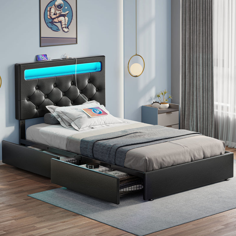 Greenstell Bed Frame with 4 Drawers, Upholstered Platform Bed with LED Adjustable Storage headboard & Charging Station