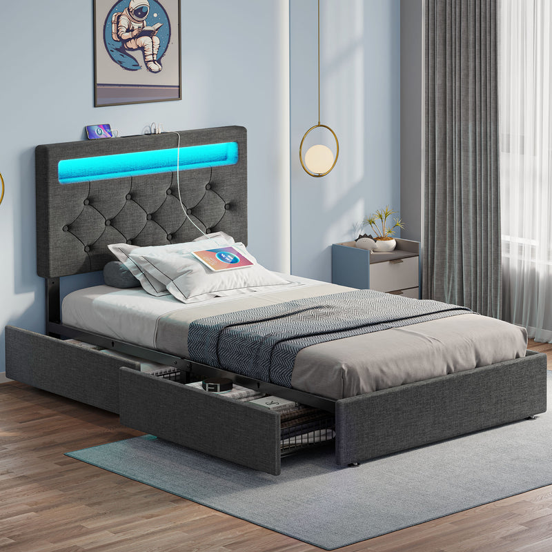 Greenstell Bed Frame with 4 Drawers, Upholstered Platform Bed with LED Adjustable Storage headboard & Charging Station