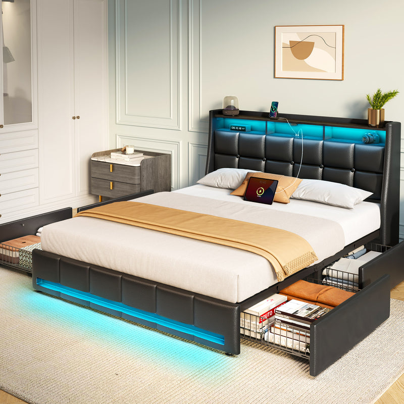 Greenstell LED Storage Bed Frame - Charging Station, App Control, 1200LBS Capacity