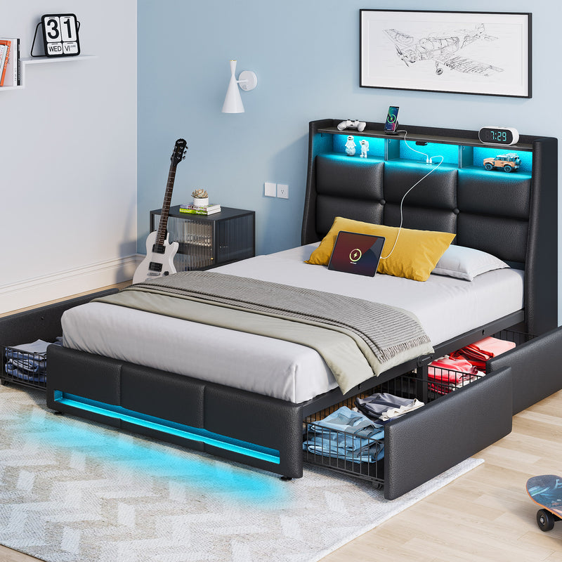 Greenstell LED Storage Bed Frame - Charging Station, App Control, 1200LBS Capacity