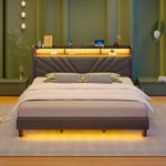 Greenstell Upholstered Bed Frame with Storage Headboard, Charging station, LED, Easy Assembly