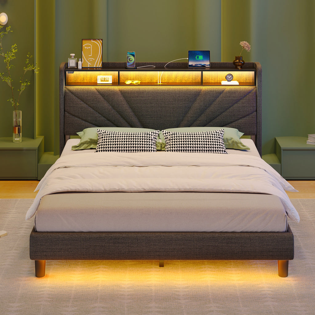 Greenstell Upholstered Bed Frame with Storage Headboard, Charging station, LED, Easy Assembly