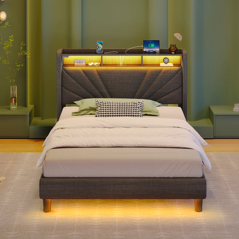 Greenstell Upholstered Bed Frame with Storage Headboard, Charging station, LED, Easy Assembly