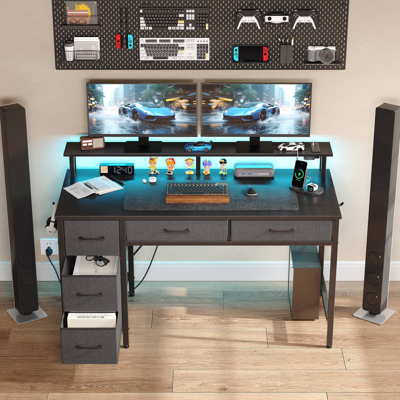 Greenstell Gaming Computer Desk with LED Lights & Outlets,Home Office Table with Storage Drawer