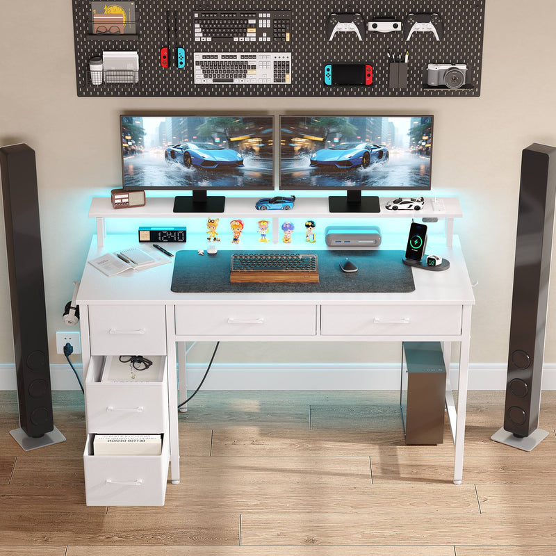 Greenstell Gaming Computer Desk with LED Lights & Outlets,Home Office Table with Storage Drawer
