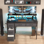 Greenstell Gaming Computer Desk with LED Lights & Outlets,Home Office Table with Storage Drawer