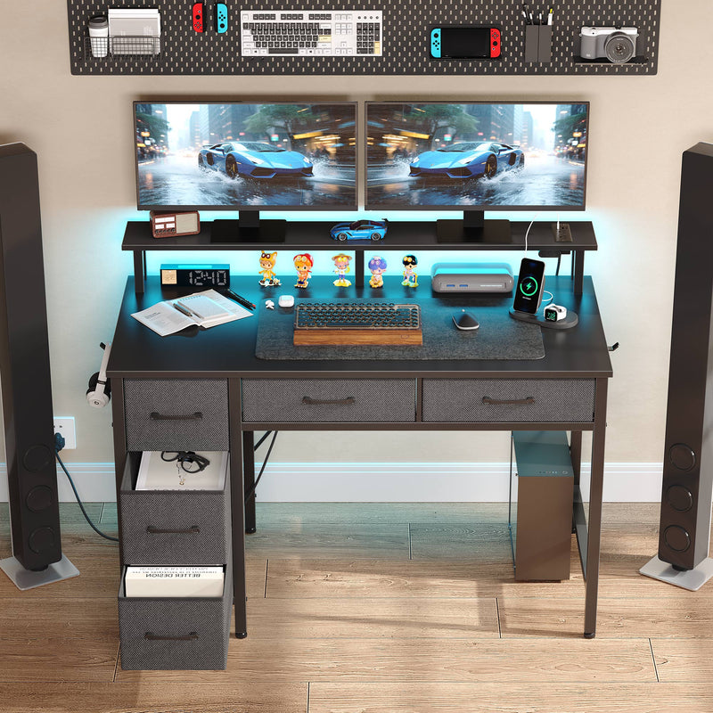 Greenstell Gaming Computer Desk with LED Lights & Outlets,Home Office Table with Storage Drawer
