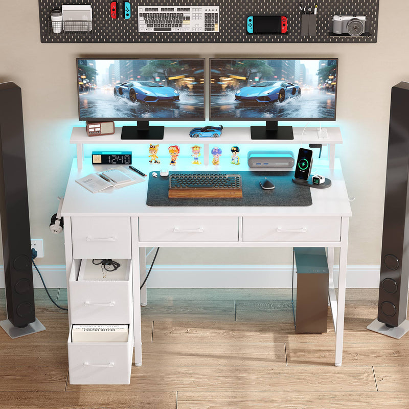 Greenstell Gaming Computer Desk with LED Lights & Outlets,Home Office Table with Storage Drawer
