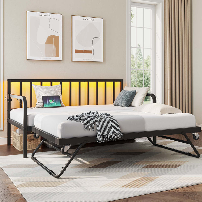 Greenstell Twin Size Daybed with LED Light & Charging Station, Multi-Functional Sofa Bed Daybed for Kids/Teens, No Box Spring Required, Black