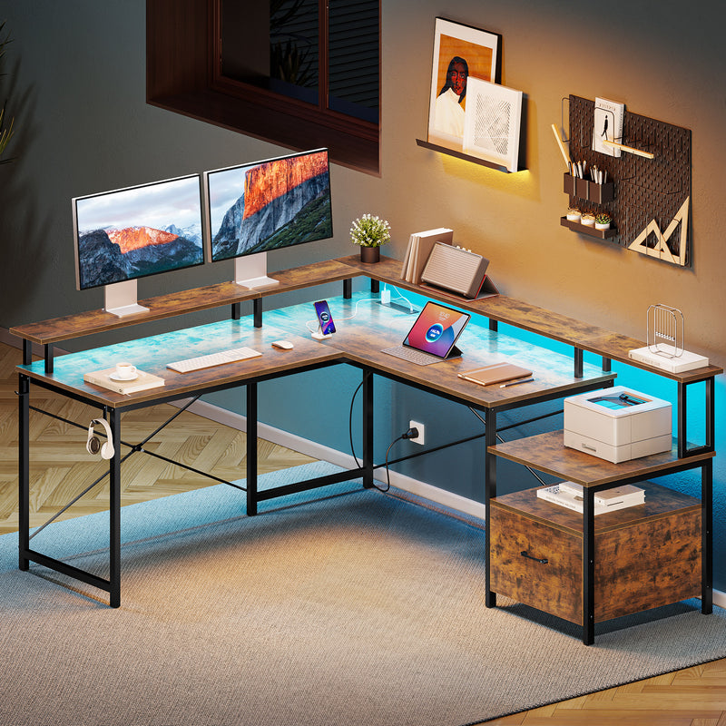 Greenstell 64" RGB L-Shaped Gaming Desk with Charging Hub & Ergonomic Stand