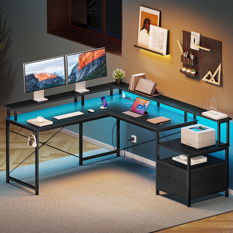 Greenstell 64" RGB L-Shaped Gaming Desk with Charging Hub & Ergonomic Stand
