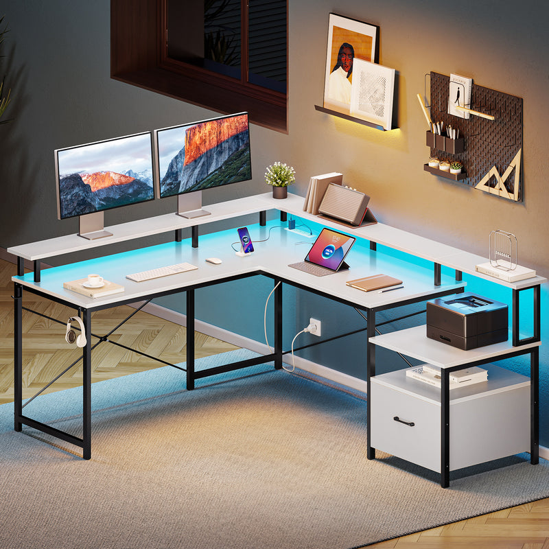 Greenstell 64" RGB L-Shaped Gaming Desk with Charging Hub & Ergonomic Stand