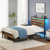 Greenstell Twin Bed Frame with Storage Headboard,Wood Platform Bed with LED Lights & USB Charging Station,Single Bed Frame with Metal Slats,Rustic Brown