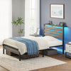 Greenstell Twin Bed Frame with Storage Headboard,Wood Platform Bed with LED Lights & USB Charging Station,Single Bed Frame with Metal Slats,Light Gray