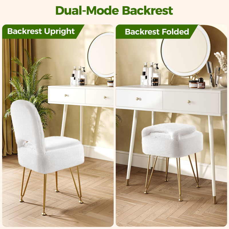 GREENSTELL Vanity Stool Chair with Storage and Folding Back, 13.4" x 15" x 30" Square Faux Fur Soft Ottoman, 4 Metal Legs with Anti-Slip Feet, Furry Padded Seat for Makeup, Bedroom, White