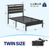 Greenstell Twin Bed Frame with Storage Headboard, Wood Platform Bed with LED Lights & USB Charging Station, Single Bed Frame with Metal Slats, Black