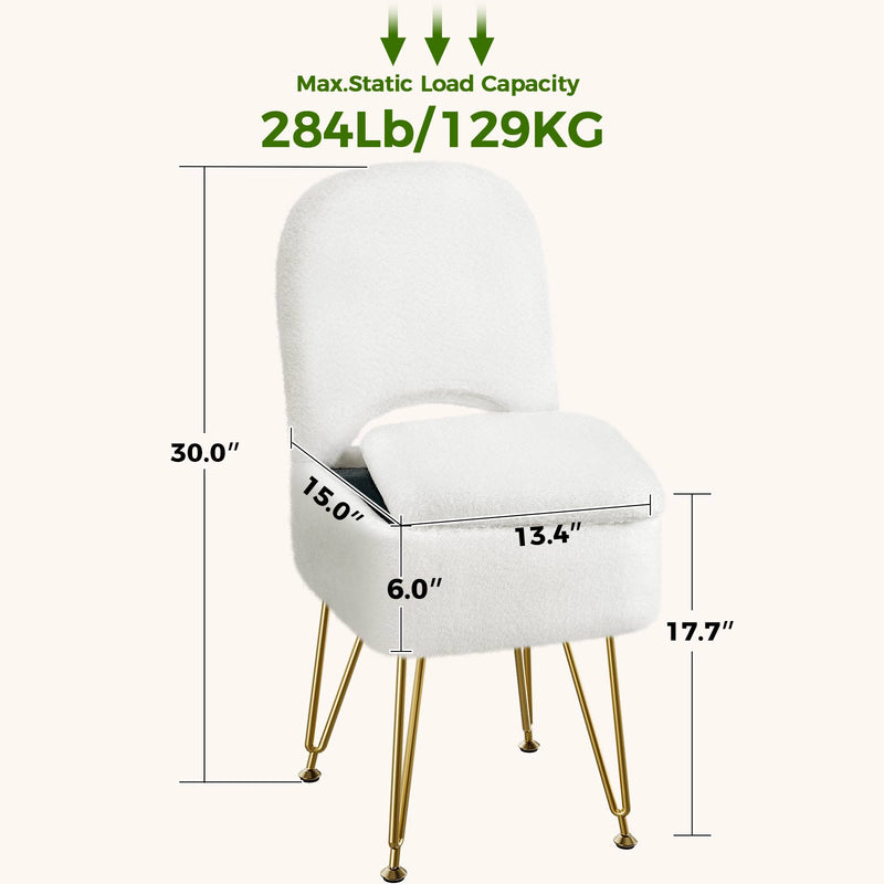 GREENSTELL Vanity Stool Chair with Storage and Folding Back, 13.4" x 15" x 30" Square Faux Fur Soft Ottoman, 4 Metal Legs with Anti-Slip Feet, Furry Padded Seat for Makeup, Bedroom, White