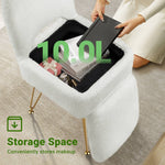 GREENSTELL Vanity Stool Chair with Storage and Folding Back, 13.4" x 15" x 30" Square Faux Fur Soft Ottoman, 4 Metal Legs with Anti-Slip Feet, Furry Padded Seat for Makeup, Bedroom, White