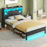 Greenstell Bed Frame with Storage Headboard Metal Platform Bed with LED Lights and Charging Station