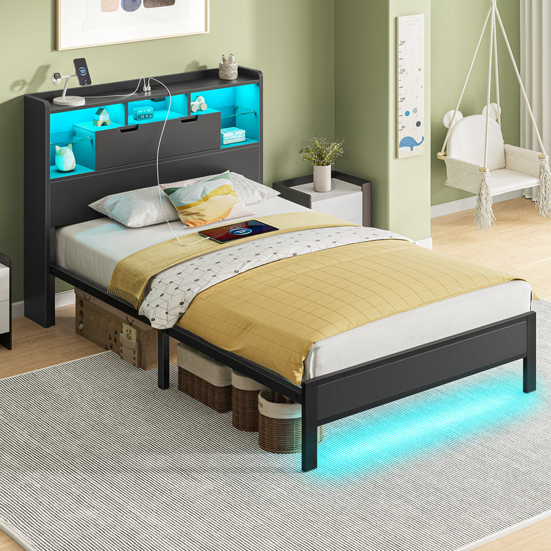 Greenstell Bed Frame with Storage Headboard Metal Platform Bed with LED Lights and Charging Station