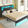 Greenstell Bed Frame with Storage Headboard Metal Platform Bed with LED Lights and Charging Station