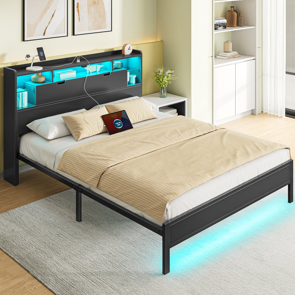 Greenstell Bed Frame with Storage Headboard Metal Platform Bed with LED Lights and Charging Station
