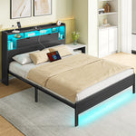 Greenstell Bed Frame with Storage Headboard Metal Platform Bed with LED Lights and Charging Station