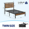Greenstell Twin Bed Frame with Storage Headboard,Wood Platform Bed with LED Lights & USB Charging Station,Single Bed Frame with Metal Slats,Rustic Brown
