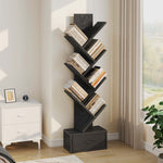 Greenstell 7-Tier Wooden Bookcase with Drawer, Free Standing Tree Bookshelf