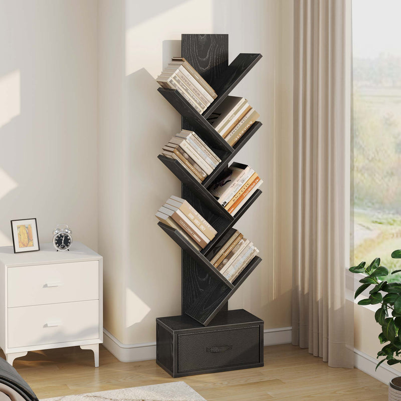 Greenstell 7-Tier Wooden Bookcase with Drawer, Free Standing Tree Bookshelf
