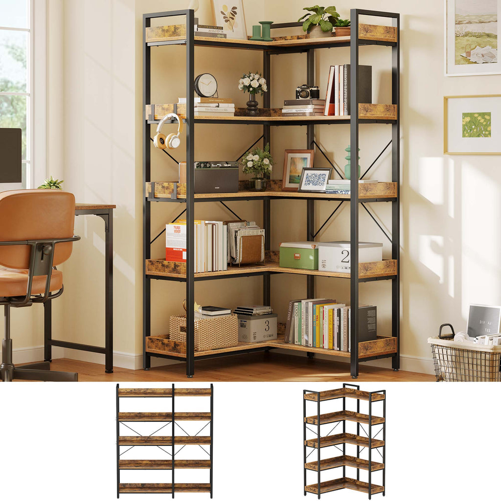 Greenstell 5-Tier Corner Shelf, Industrial Display Bookshelf, 29.49" Wide Freestanding Bookcase for Living Room Home Office