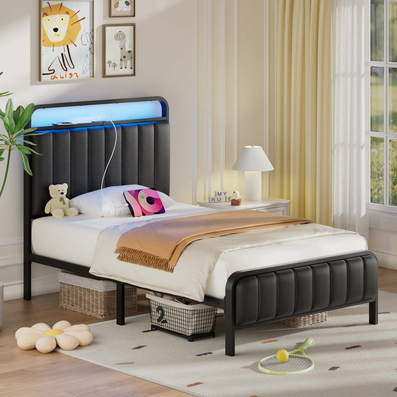 Greenstell Bed Frame with Headboard and Charging Station, LED Heavy Duty Platform Bed with Under bed Storage, No Box Spring Required