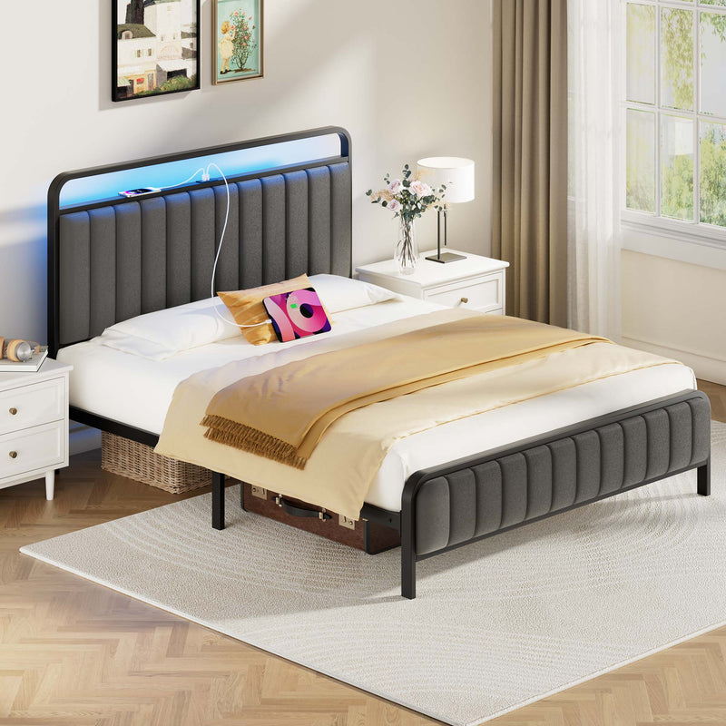 Greenstell Bed Frame with Headboard and Charging Station, LED Heavy Duty Platform Bed with Under bed Storage, No Box Spring Required