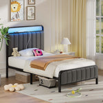 Greenstell Bed Frame with Headboard and Charging Station, LED Heavy Duty Platform Bed with Under bed Storage, No Box Spring Required