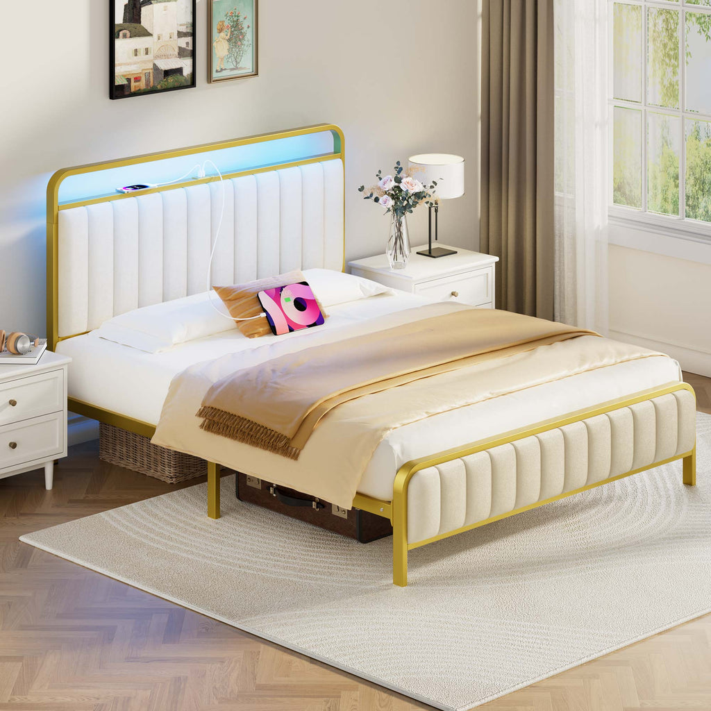 Greenstell Bed Frame with Headboard and Charging Station, LED Heavy Duty Platform Bed with Under bed Storage, No Box Spring Required