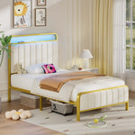 Greenstell Bed Frame with Headboard and Charging Station, LED Heavy Duty Platform Bed with Under bed Storage, No Box Spring Required