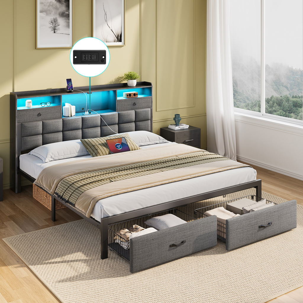 Greenstell Bed Frame with Drawers and Headboard, Upholstered Storage Bed with Charging Station and LED Lights