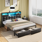 Greenstell Bed Frame with Drawers and Headboard, Upholstered Storage Bed with Charging Station and LED Lights