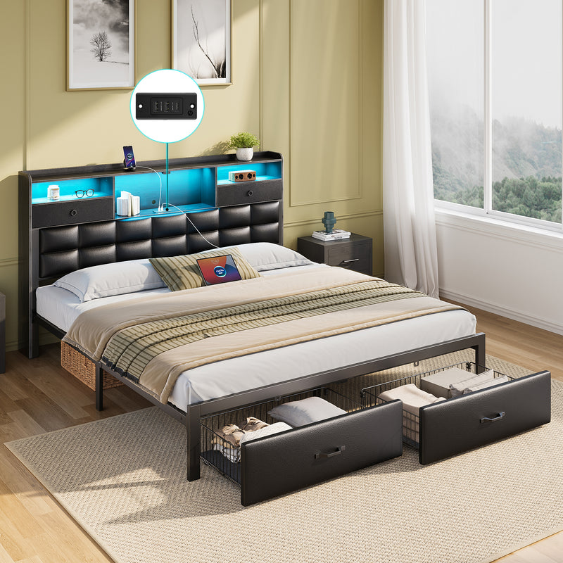 Greenstell Bed Frame with Drawers and Headboard, Upholstered Storage Bed with Charging Station and LED Lights